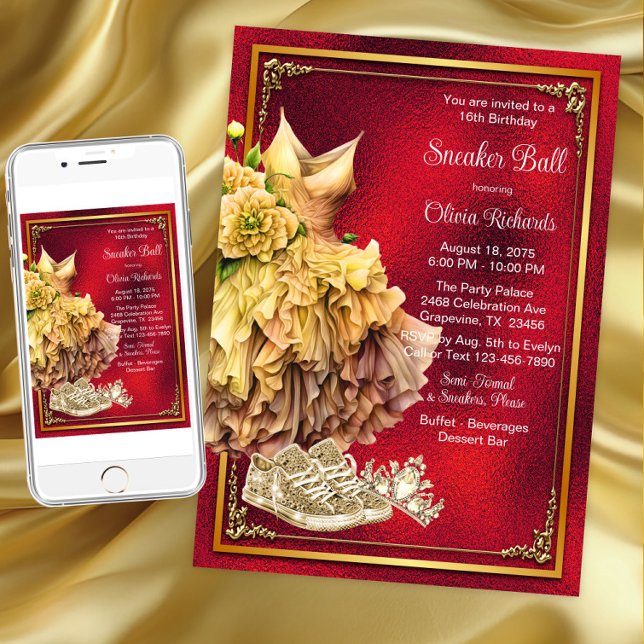 Invitation Bal de baskets en or rouge  (Red gold sneaker ball invitation. Instant download and printed invitations available.)