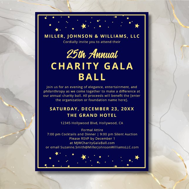Invitation Bal de Gala de Charité Enchère Silencieuse Elégant (Annual Charita Gala Ball Silent Auction Fundraiser Invitation in Navy Blue and Gold with Gold Stars.)