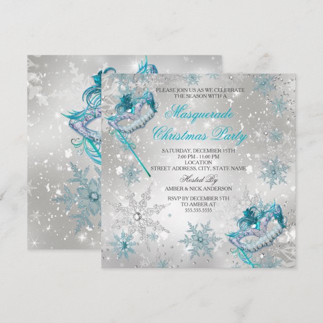 Invitation Bal de masque de Noël Flocon de neige argent bleu  (Devant / Derrière)