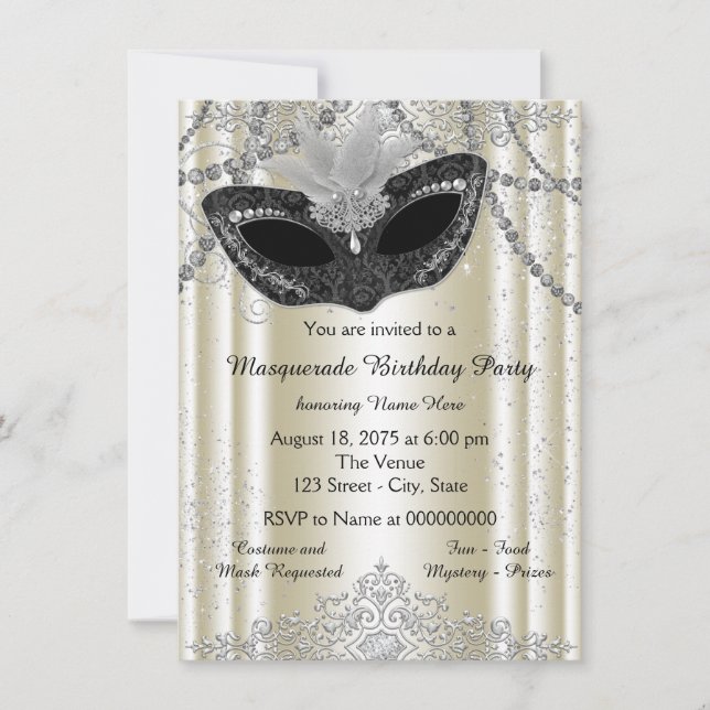 Invitation Bal de masque en ivoire et perle noire (Devant)