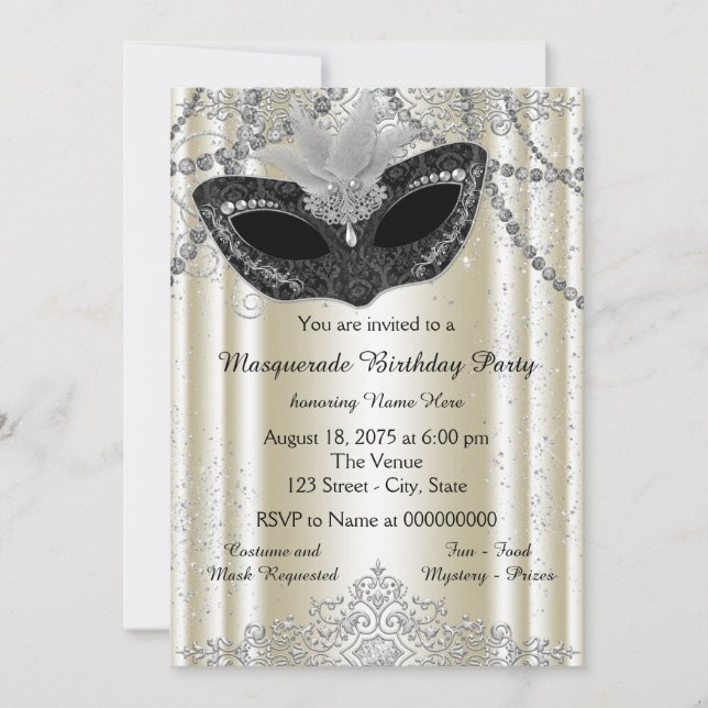 Invitation Bal de masque en ivoire et perle noire (Devant)