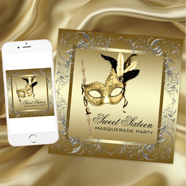 Invitation Bal de masque noir et or (Any occasion masquerade party invitation. Add your text. Download and printed invitations available.)