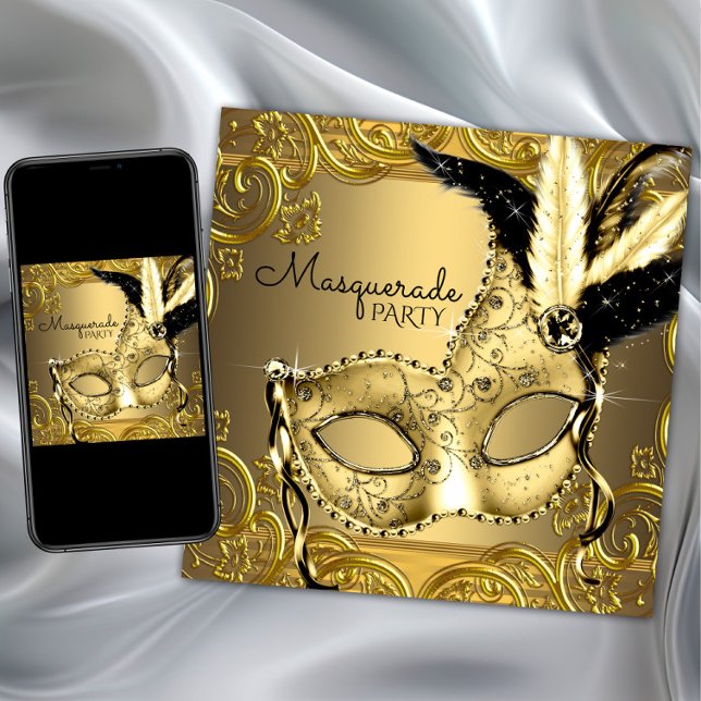 Invitation Bal de masque noir et or (Black and gold masquerade party invitation with beautiful gold mask on a gold swirl background.)