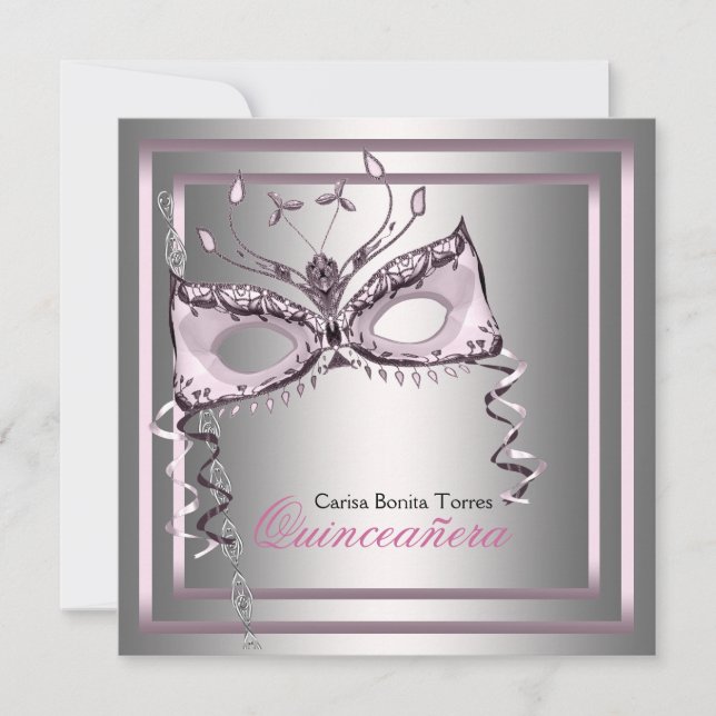 Invitation Bal de masque rose argent noir (Devant)