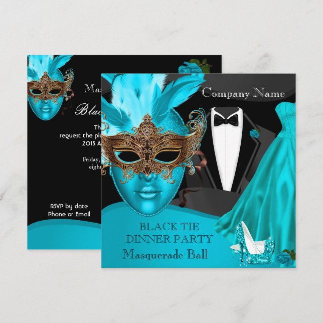 Invitation Bal de masque tenue de soirée noire sarcelle Forme (Devant / Derrière)