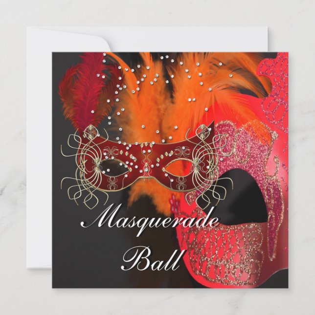 Invitation Bal de masques aux masques orange rouge noir (Devant)