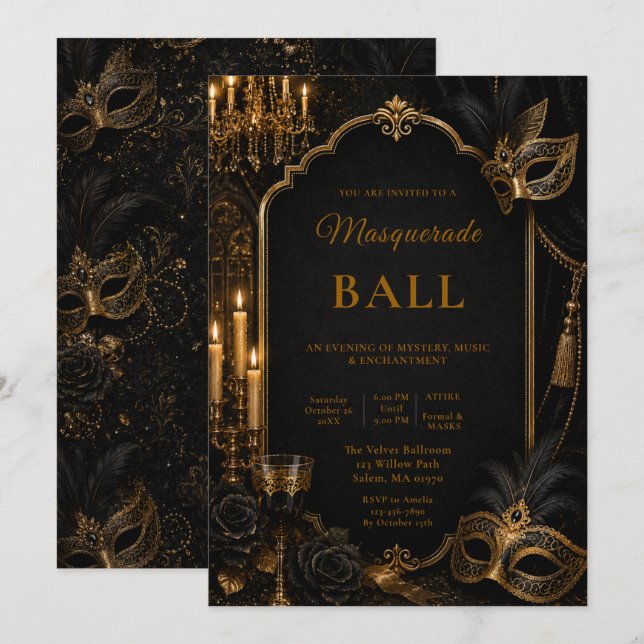 Invitation Bal de masques élégant (Devant / Derrière)