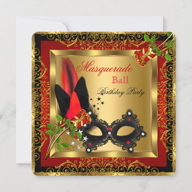 Invitation Bal de masques Or Rouge Masque Noir Rose (Devant)