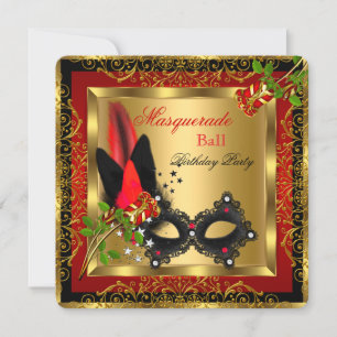 Invitation Bal de masques Or Rouge Masque Noir Rose