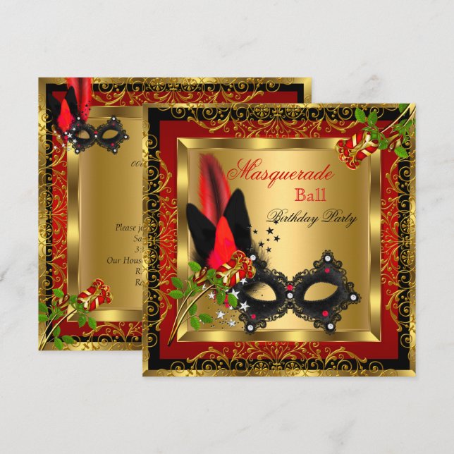 Invitation Bal de masques Or Rouge Masque Noir Rose (Devant / Derrière)