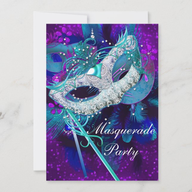 Invitation Bal de masques Teal Blue Masques violets grands (Devant)