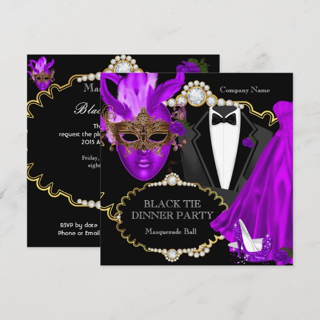 Invitation Bal de masques tenue de soirée violette et noire (Devant / Derrière)