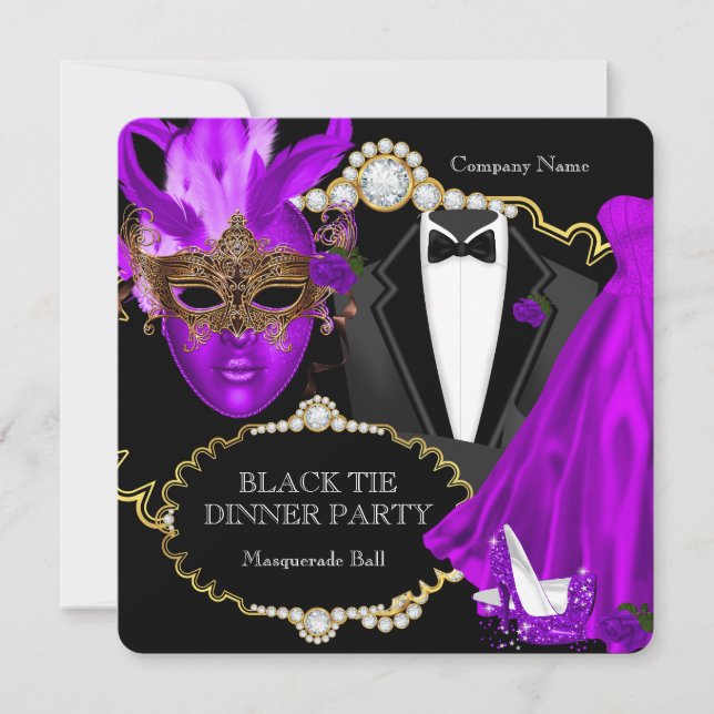 Invitation Bal de masques tenue de soirée violette et noire (Devant)