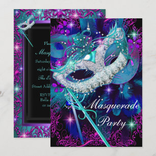 Invitation Bal de masques violet et sarcelle