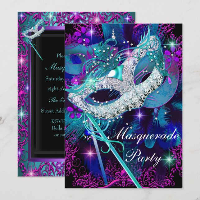 Invitation Bal de masques violet et sarcelle (Devant / Derrière)