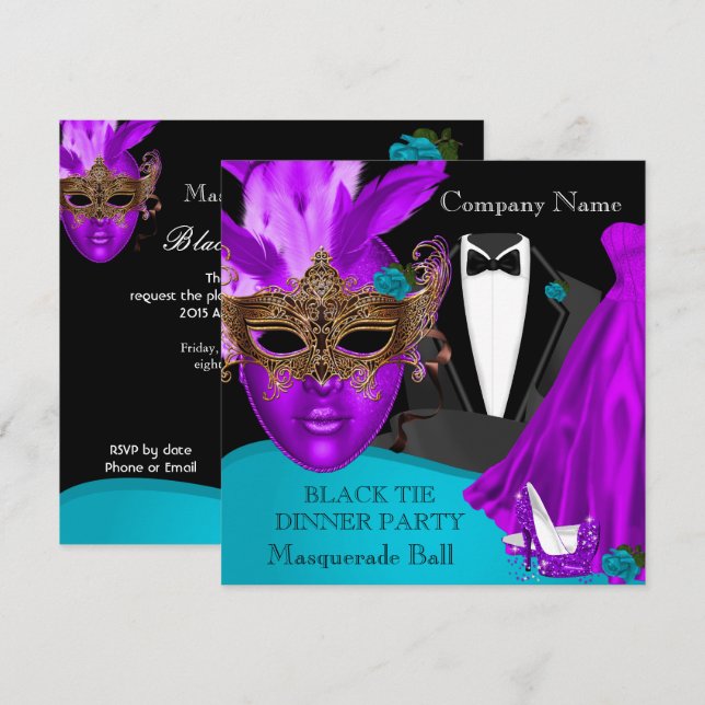 Invitation Bal de masques violet sarcelle tenue de soirée (Devant / Derrière)