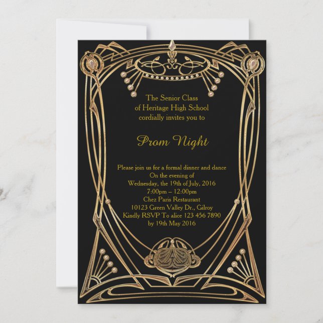 Invitation Bal de promo, noir d'or d'art déco grand-Gatsby. (Devant)