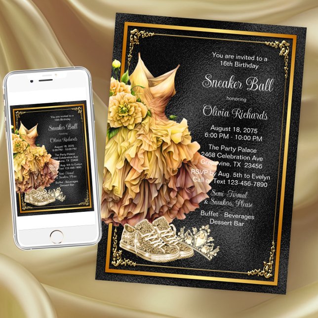 Invitation Bal de sneakers Or Noir  (Black gold sneaker ball invitation. Instant download and printed invitations available.)