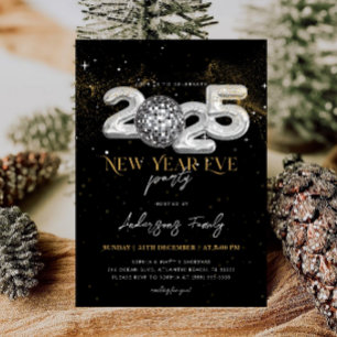 Invitation Bal Disco Argent Noir 2025 du Nouvel An