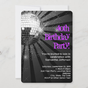 Invitation Bal Disco Violet/Noir 40e anniversaire