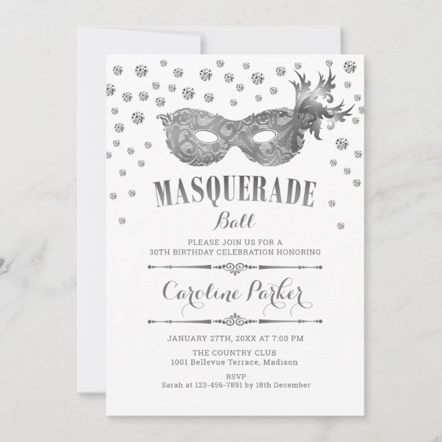 Invitation Bal Mascarade Blanc Argent Anniversaire (Devant)