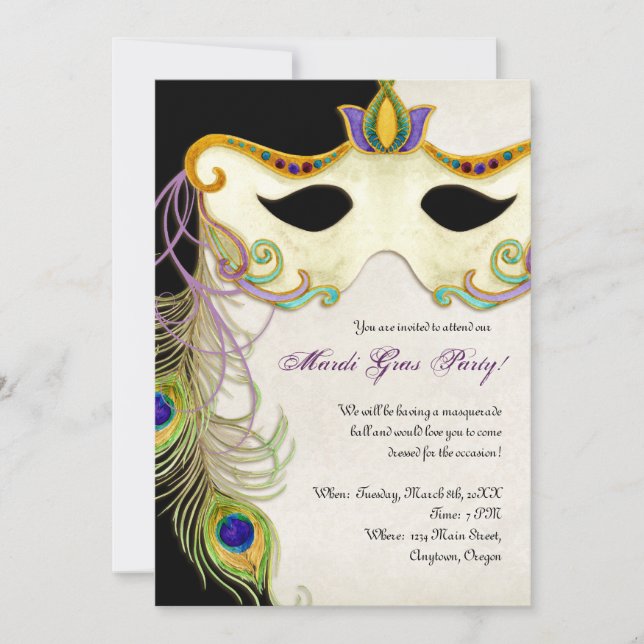 Invitation Bal masqué au Paon - Soirée de Mardi Gras (Devant)
