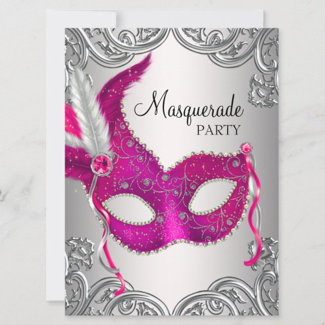 Invitation Bal masqué avec masque argent rose chaud (Devant)