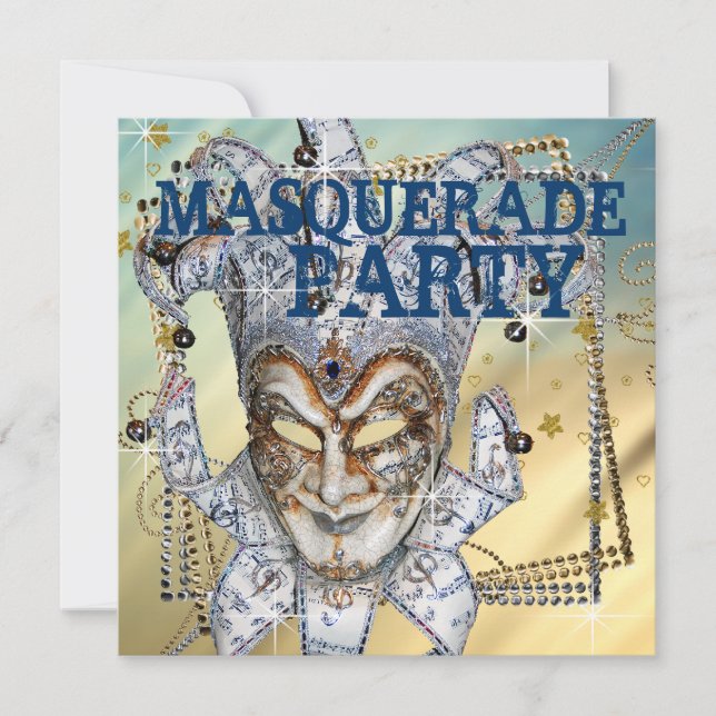 Invitation Bal masqué bleu argent et or (Devant)