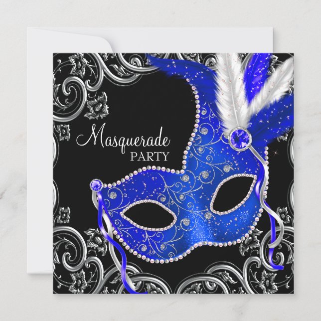 Invitation Bal masqué bleu roi et noir (Devant)
