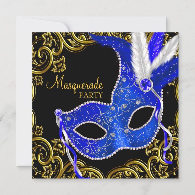 Invitation Bal masqué bleu roi et noir (Devant)