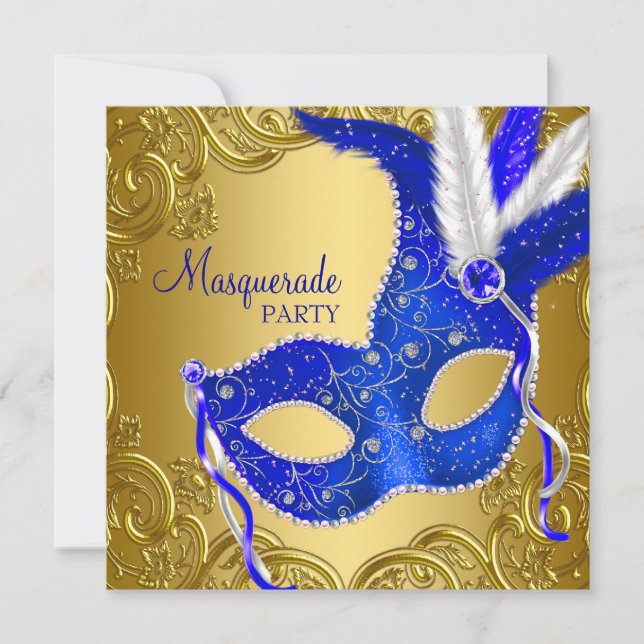 Invitation Bal masqué bleu royal et or (Devant)