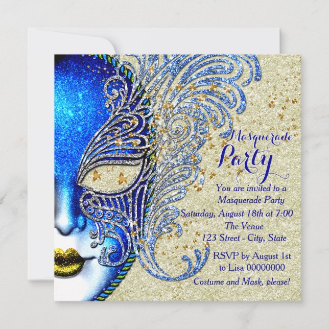 Invitation Bal masqué bleu royal et or (Devant)
