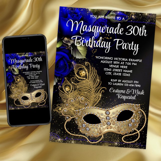 Invitation Bal Masqué Bleu Royal et Or (Blue and Gold Masquerade Party Invitation for any birthday and event.)