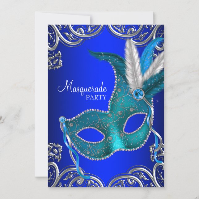 Invitation Bal masqué bleu sarcelle et royal (Devant)