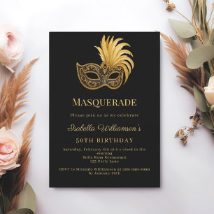 Invitation Bal masqué d'anniversaire or noir
