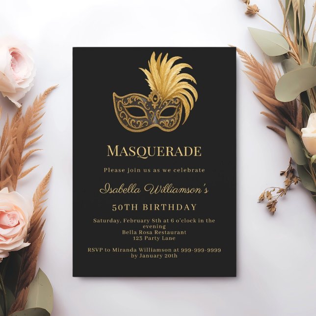 Invitation Bal masqué d'anniversaire or noir (Créateur téléchargé)