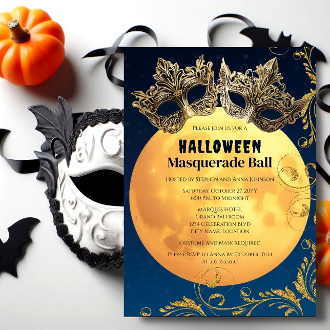 Invitation Bal masqué de la pleine lune d'Halloween (Halloween full moon masquerade ball invitation front.)
