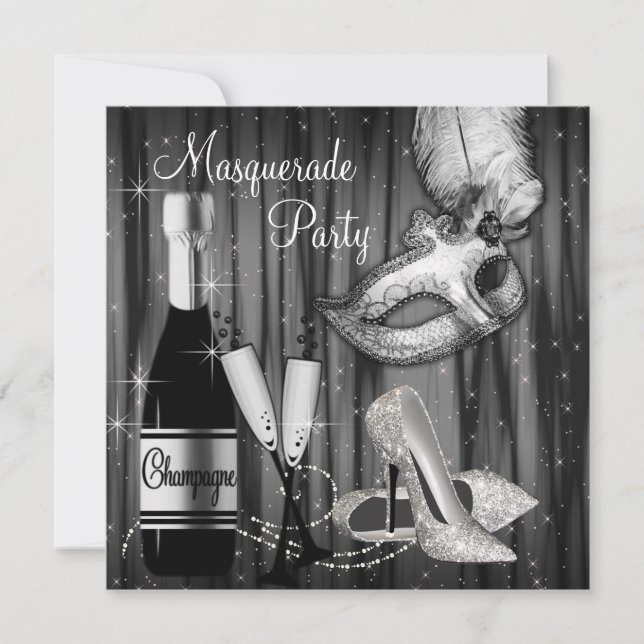 Invitation Bal masqué élégant en noir et blanc (Devant)