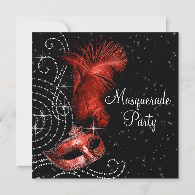 Invitation Bal masqué élégant noir et rouge (Devant)
