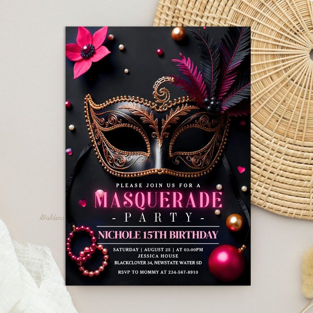 Invitation Bal masqué Élégant Noir Rose Fête (Masquerade Elegant Black Pink Party Invitation)