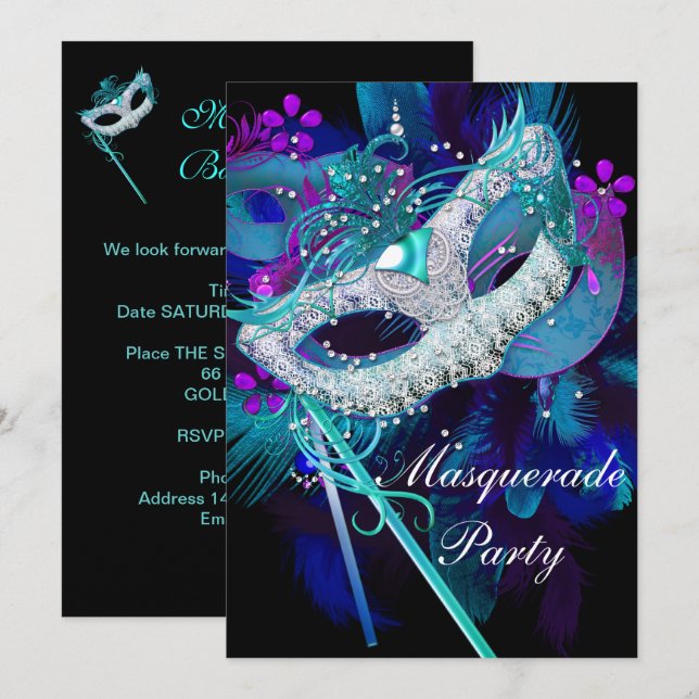 Invitation Bal Masqué Fête Masques Sml Bleu Sarcelle Noir (Devant / Derrière)