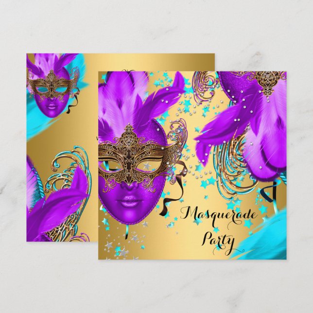 Invitation Bal masqué Fête Masques Violet Bleu Turquoise Or (Devant / Derrière)
