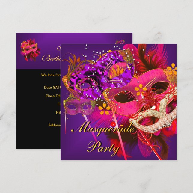 Invitation Bal masqué Fête Rose Orange Violet Masqué (Devant / Derrière)