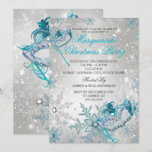 Invitation Bal masqué flocon de neige argent bleu de Noël