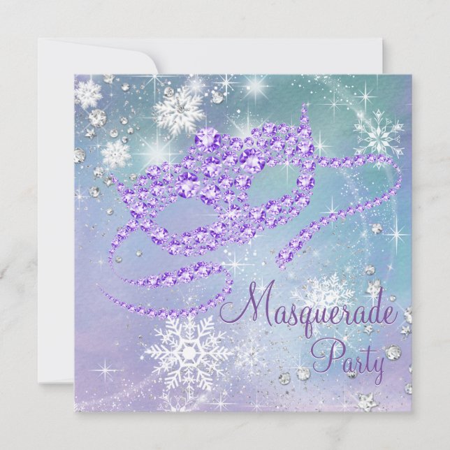 Invitation Bal masqué flocon de neige bleu sarcelle et violet (Devant)