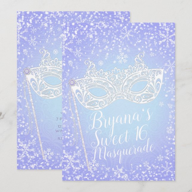 Invitation Bal masqué hivernal bleu pourpre pour un doux 16èm (Devant / Derrière)