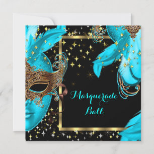 Invitation Bal Masqué Masque Bleu Turquoise Fête Masquée
