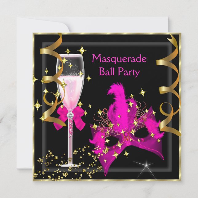 Invitation Bal masqué Masque rose fuchsia noir or fête (Devant)