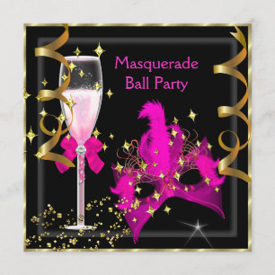 Invitation Bal masqué Masque rose fuchsia noir or fête