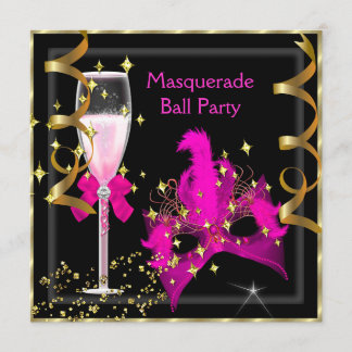 Invitation Bal masqué Masque rose fuchsia noir or fête